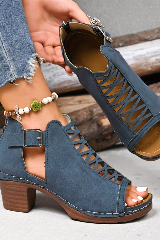 Women's Peep-Toe Block Heel Sandals | Single Strap Buckle Suede Heels in Denim Blue | EU 36–42 