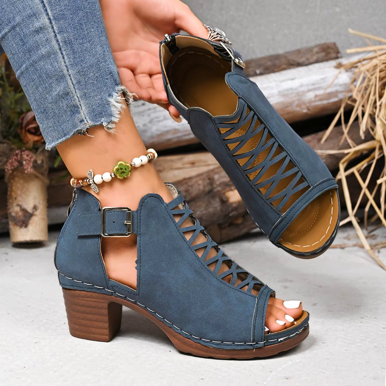 Women's Peep-Toe Block Heel Sandals | Single Strap Buckle Suede Heels in Denim Blue | EU 36–42 