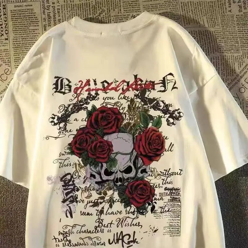 2025 New pure cotton American retro skull print T-shirt with round neck and short sleeve women summer European and American tops FitiqueFit