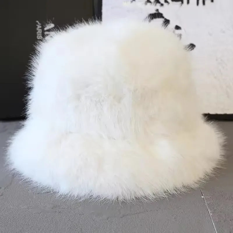 2025 Fluffy Faux Fur Bucket Hats Women Faux Fox Warm Thick Plush Winter Hat Lady Fashion Luxury Panama Furry Fisherman Cap Y2k 