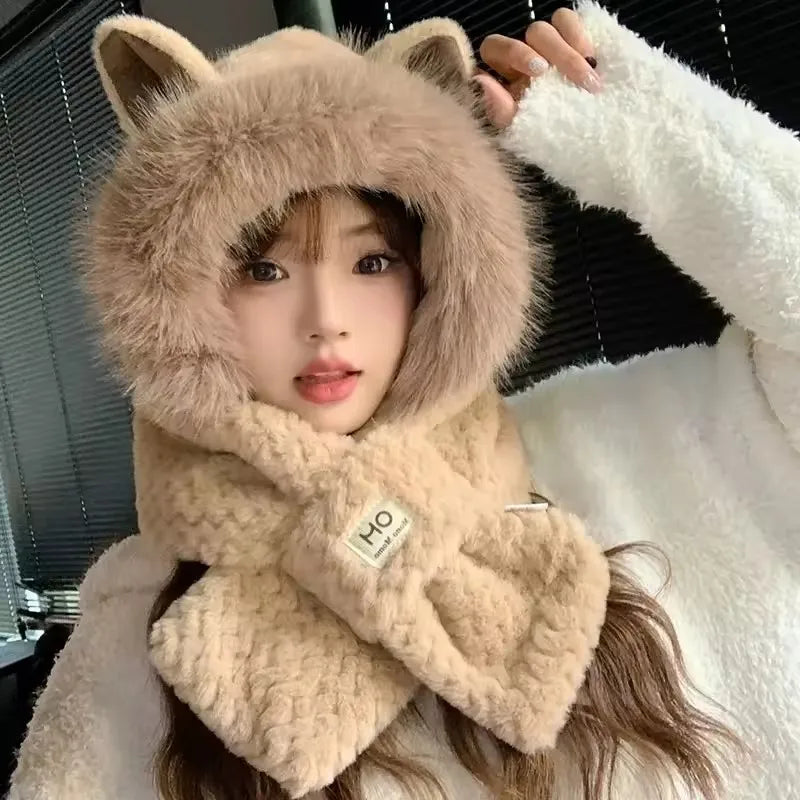 Korean Knitted Cute Fox Ear Design Integrated Bean Hat Women's Scarf Hat Warm Thick Ear Protection Photography Travel Party Gift 