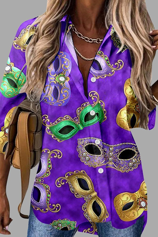 🎭 Mardi Gras Women's V-Neck Long Sleeve Carnival Print Shirt FitiqueFit