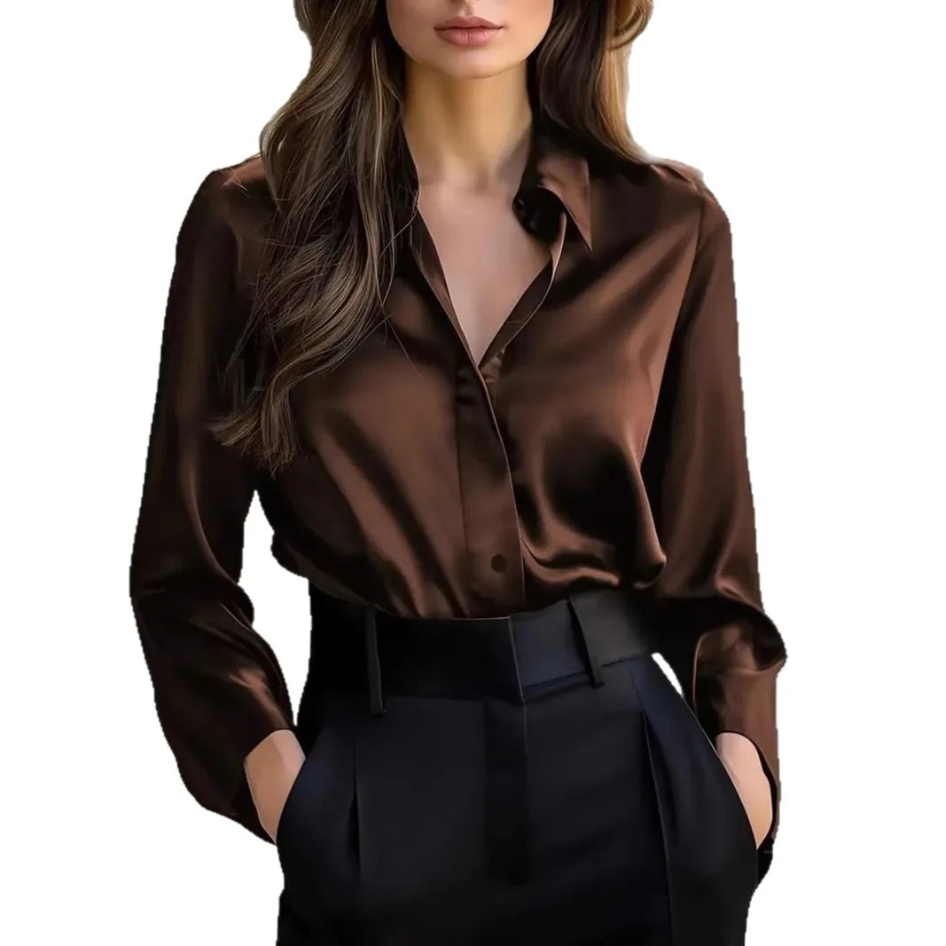 2025 Spring and Autumn Women's Lapel Shirt Brown Button Cardigan Top Black Elegant Fashion Office Basic Blouses for Female 