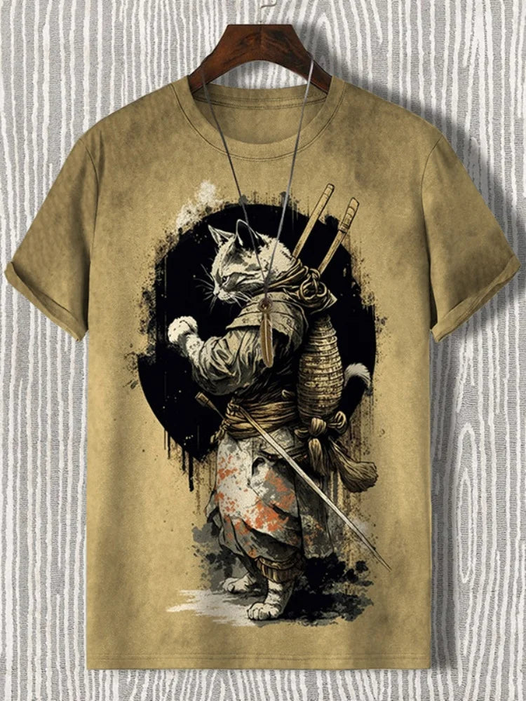 Samurai Cat Graphic T-Shirt – Japanese Style 3D Print Men's Tee FitiqueFit