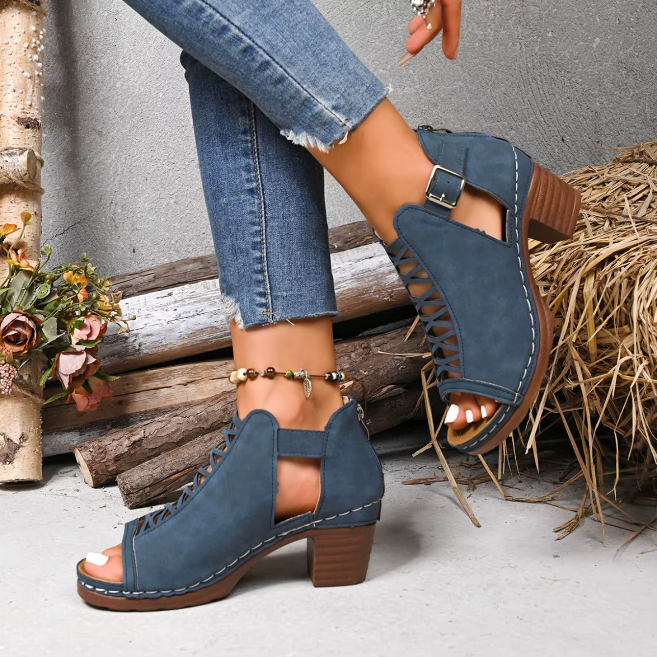 Women's Peep-Toe Block Heel Sandals | Single Strap Buckle Suede Heels in Denim Blue | EU 36–42 