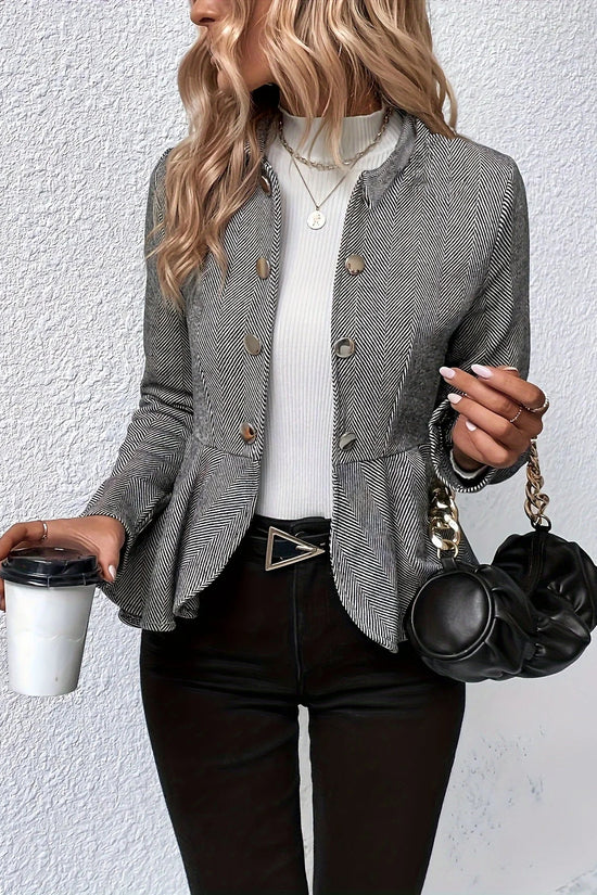 Plus Size Solid Color Peplum Jacket, Casual Button Front Long Sleeve Outerwear, Women's Plus Size Clothing 