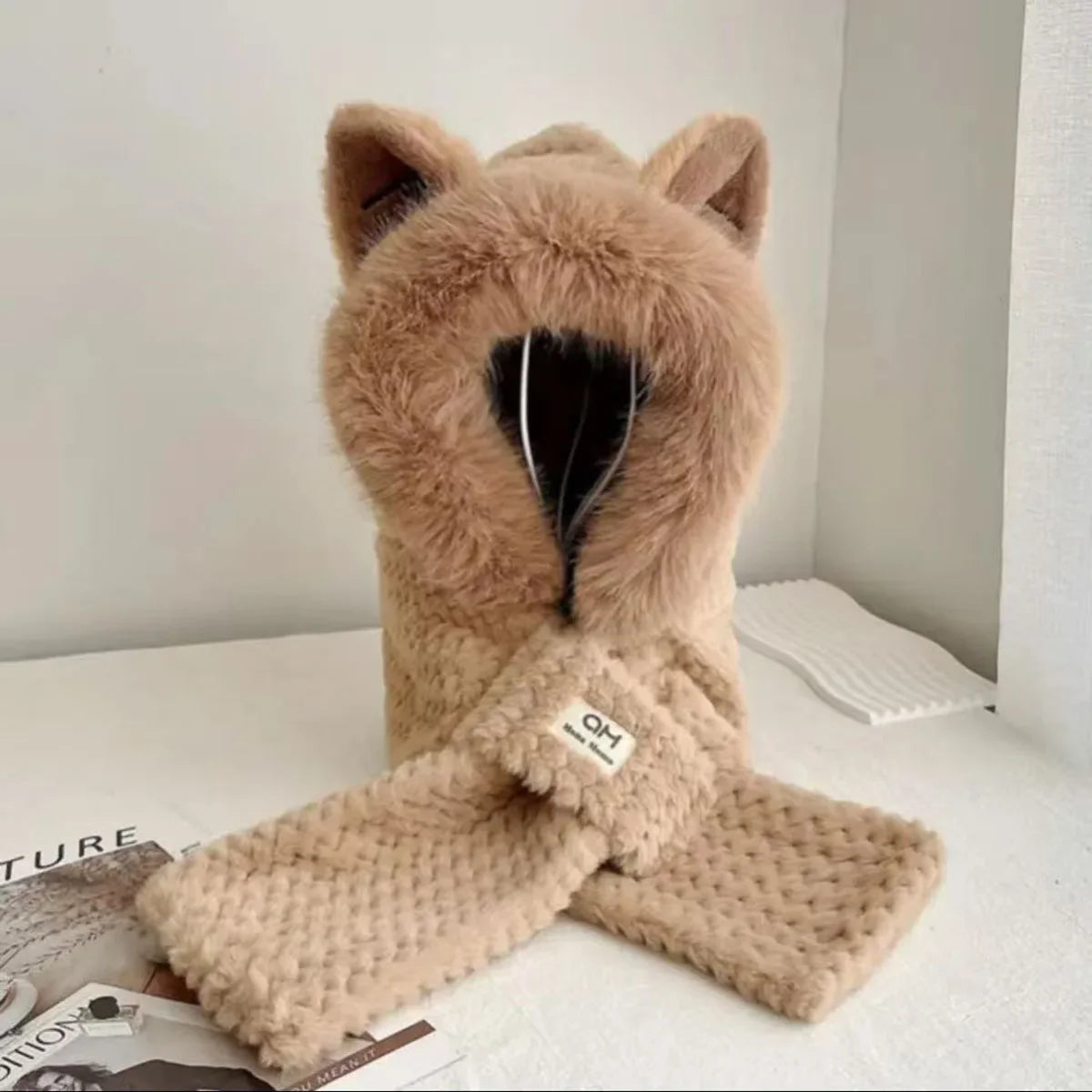 Korean Knitted Cute Fox Ear Design Integrated Bean Hat Women's Scarf Hat Warm Thick Ear Protection Photography Travel Party Gift 