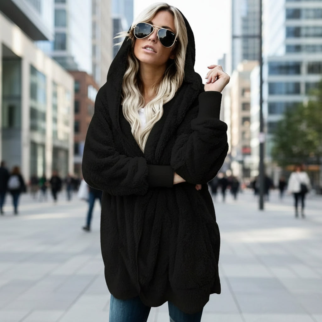 Autumn Winter Double Fleece Cardigan Jacket Women Solid Color Long Sleeve Plush Warm Hooded Lady Jacket Oversized Outerwear Coat 