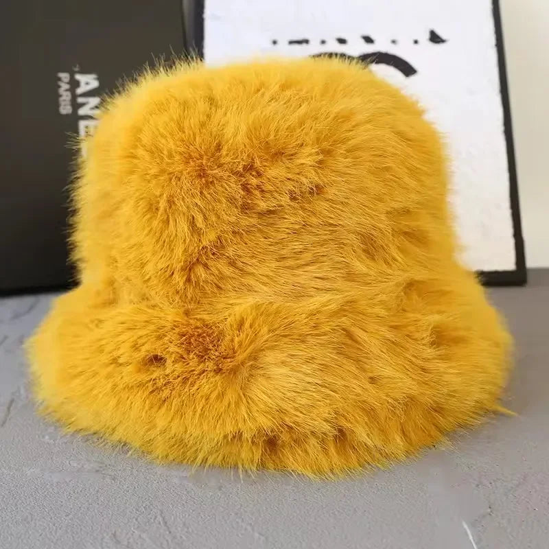 2025 Fluffy Faux Fur Bucket Hats Women Faux Fox Warm Thick Plush Winter Hat Lady Fashion Luxury Panama Furry Fisherman Cap Y2k 