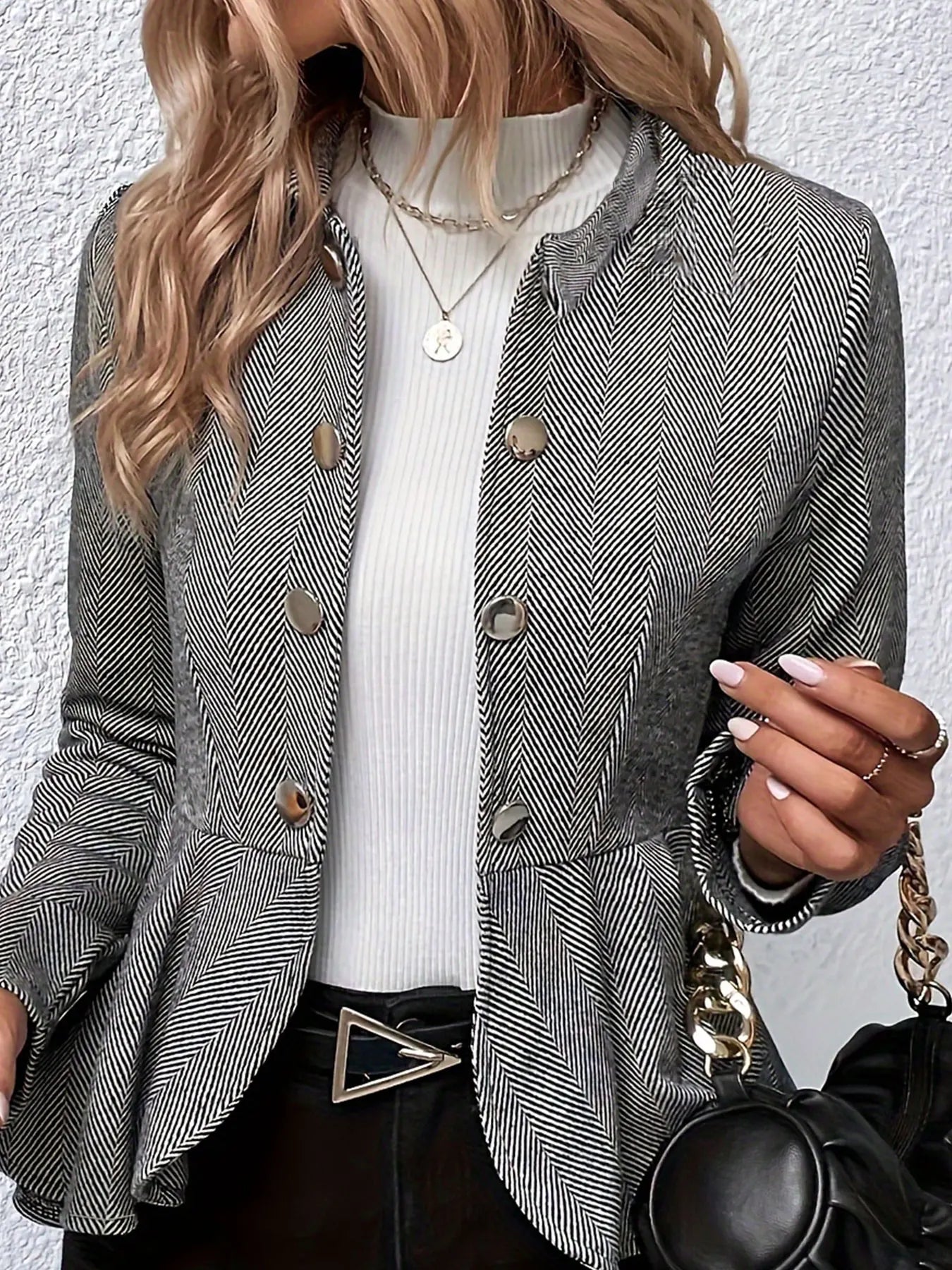 Plus Size Solid Color Peplum Jacket, Casual Button Front Long Sleeve Outerwear, Women's Plus Size Clothing 