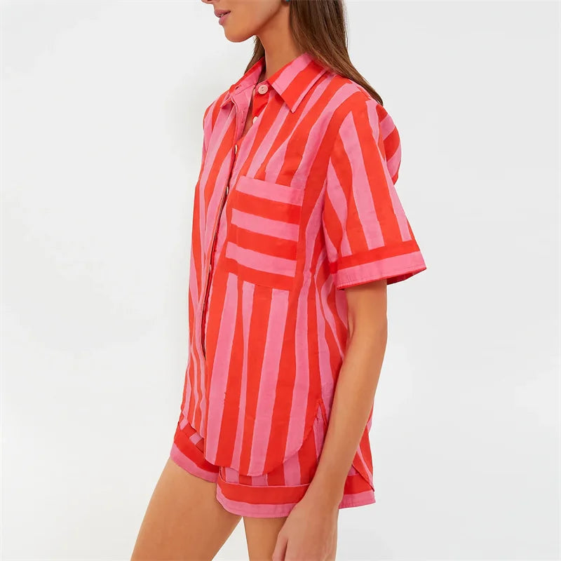 Lamuusaa 2 Piece Set Women Summer Clothes Striped Lapel Collar Single Breasted Shirt Tops and Shorts 2000s Clothing Streetwear FitiqueFit