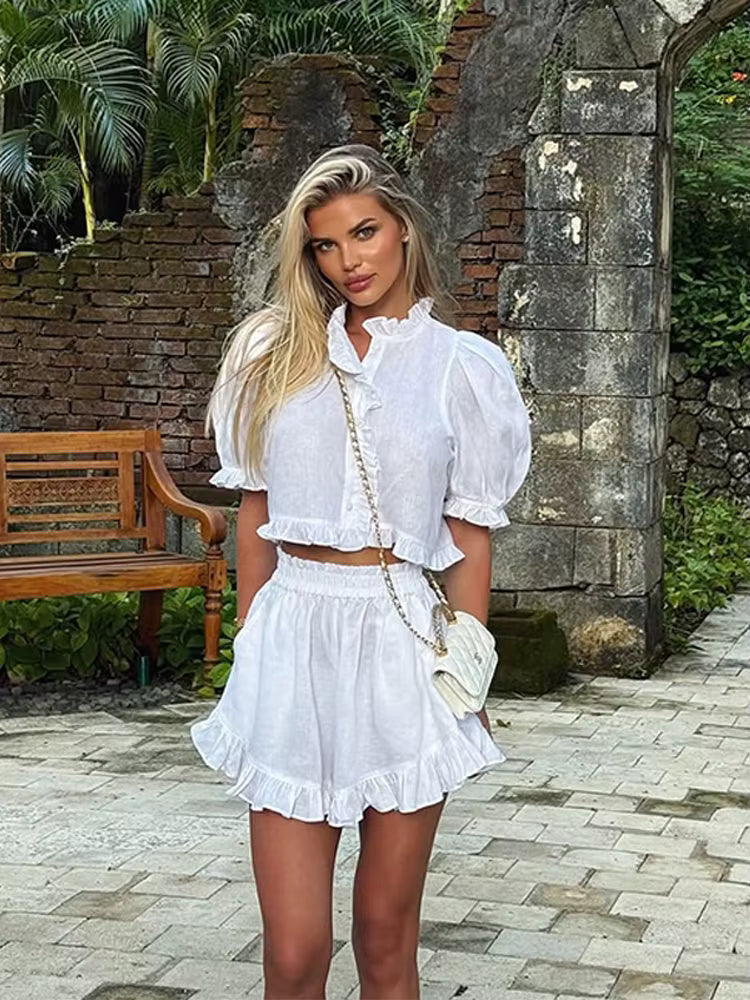Women's Ruffled Linen-Blend Cropped Blouse & Shorts Set 
