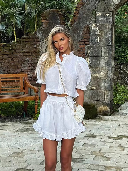 Women's Ruffled Linen-Blend Cropped Blouse & Shorts Set 