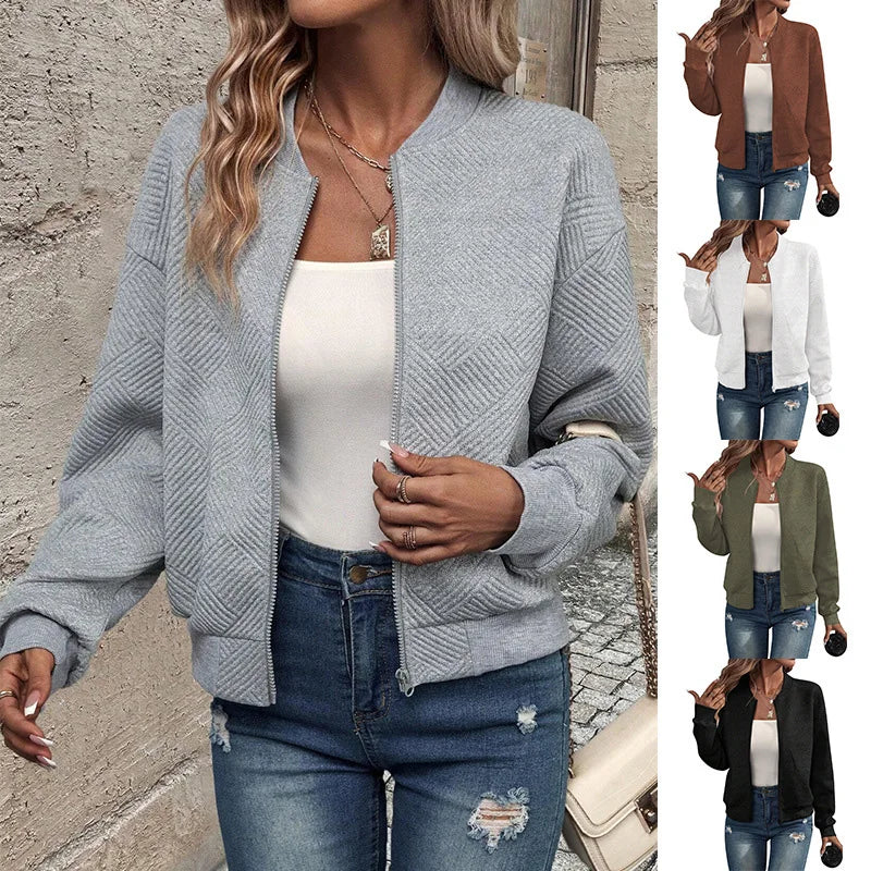 Women's autumn and winter new solid color simple and exquisite zipper jacket baseball collar casual jacket 
