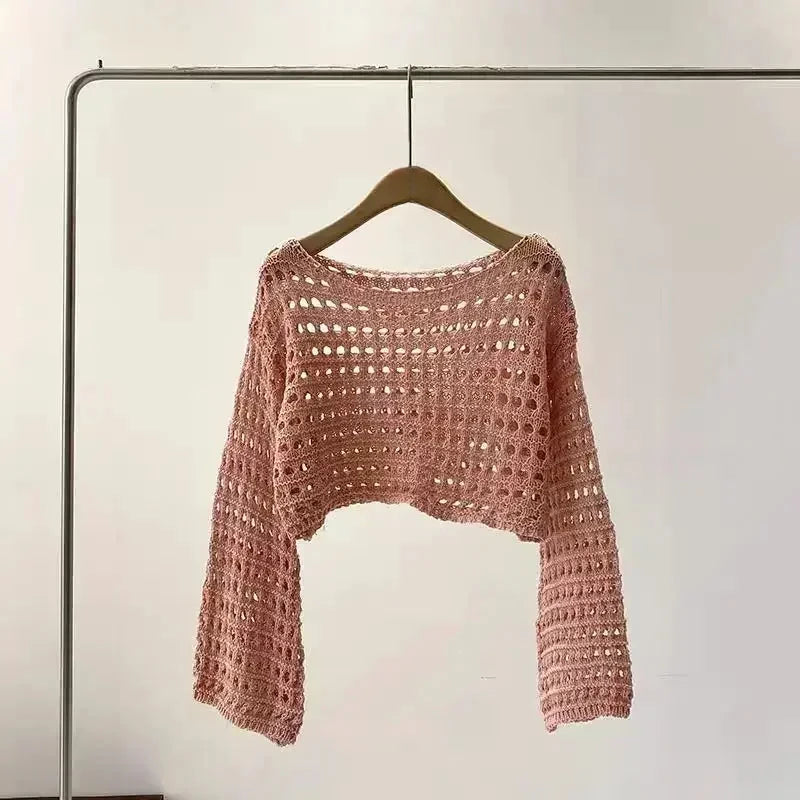2024 Long Sleeve Crochet Knit Top Summer Beach Bikini Cover Up Crop Pullover Wool Knitwear Blouse Women Vacation Boho Outfit FitiqueFit