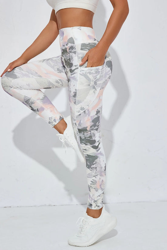 Printed women's high waistband pocket fitness pants paired with tight abdominal yoga pants, suitable for running, hiking, and sp 