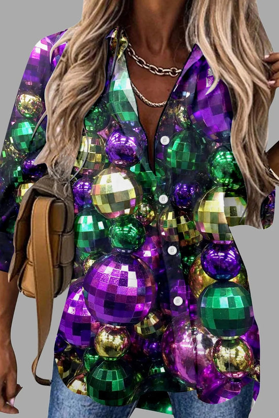 🎭 Mardi Gras Women's V-Neck Long Sleeve Carnival Print Shirt FitiqueFit