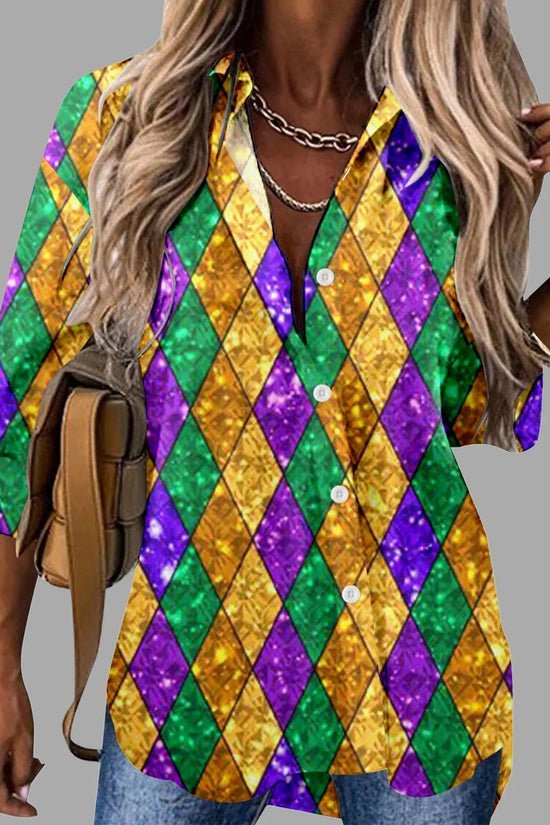🎭 Mardi Gras Women's V-Neck Long Sleeve Carnival Print Shirt FitiqueFit