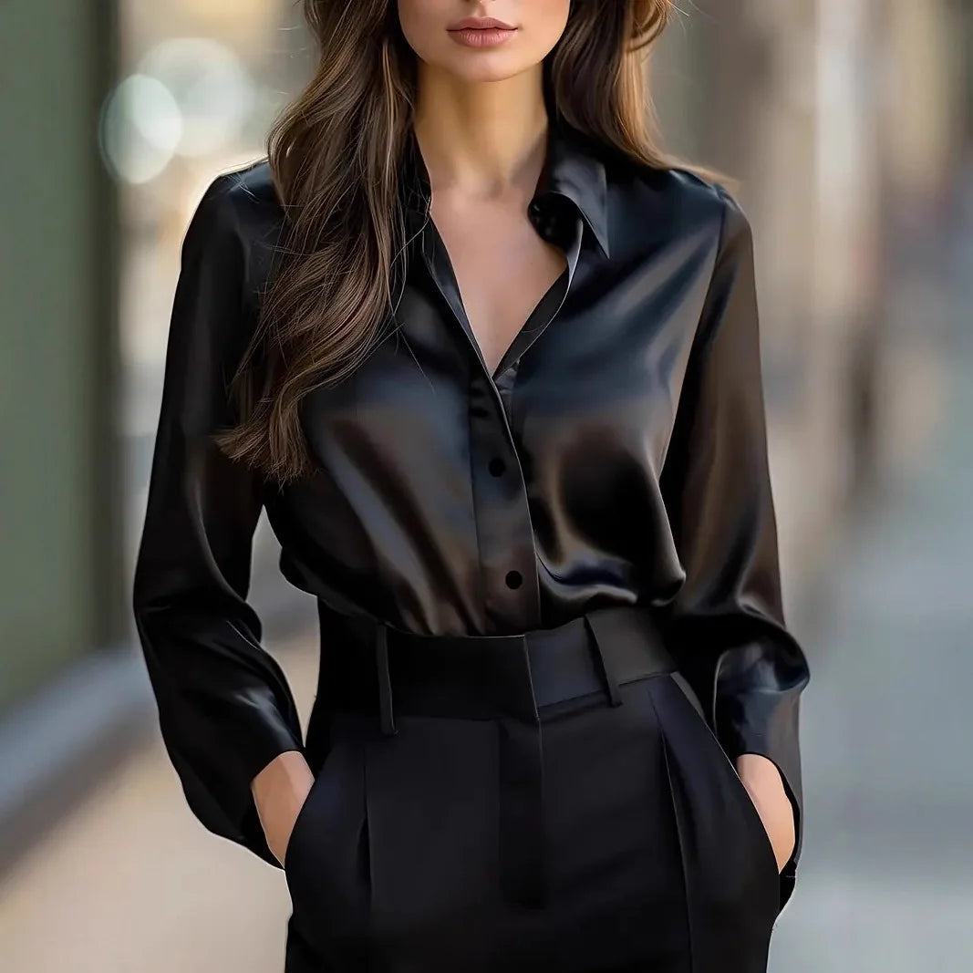 2025 Spring and Autumn Women's Lapel Shirt Brown Button Cardigan Top Black Elegant Fashion Office Basic Blouses for Female 