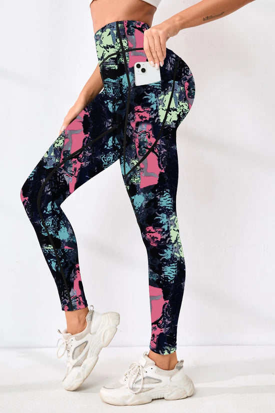 Printed women's high waistband pocket fitness pants paired with tight abdominal yoga pants, suitable for running, hiking, and sp 