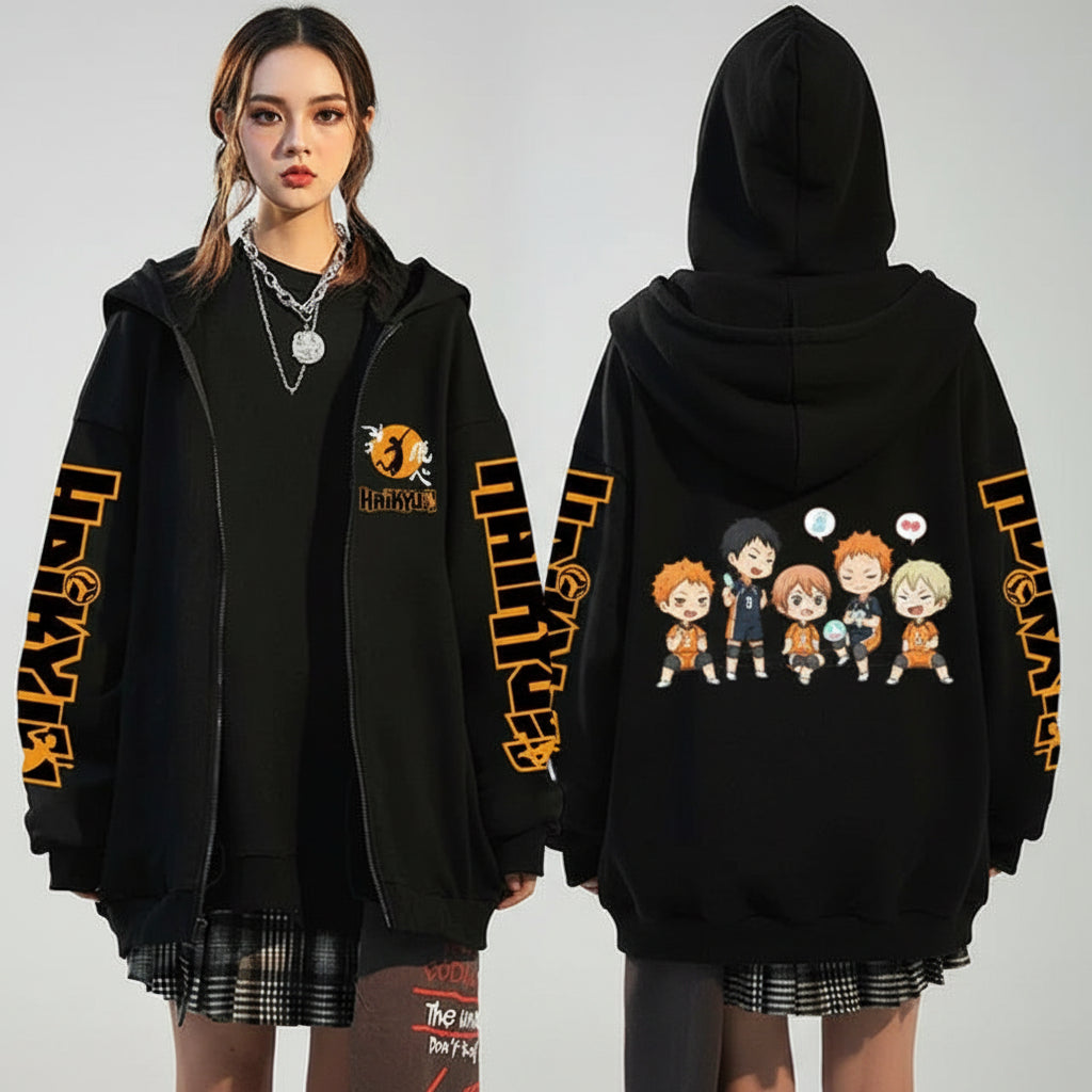 🏐 Haikyuu!! Karasuno High School Zip-Up Hoodie – Unisex Anime Streetwear FitiqueFit
