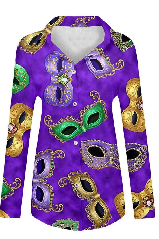 🎭 Mardi Gras Women's V-Neck Long Sleeve Carnival Print Shirt FitiqueFit