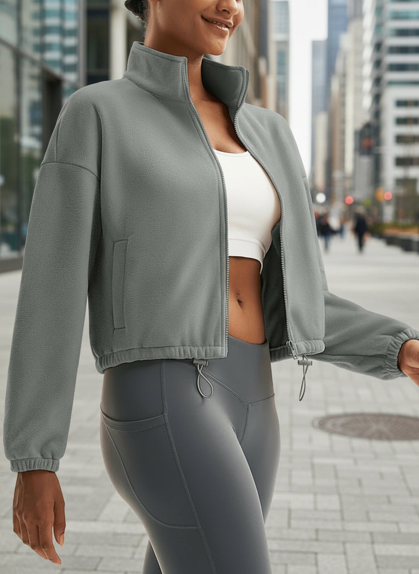 TACVASEN Winter Fleece Cropped Jackets Womens Fashion Stand Collar Casual Outwear Tops Lightweight Warm Outdoor 4 Pockets Coats 