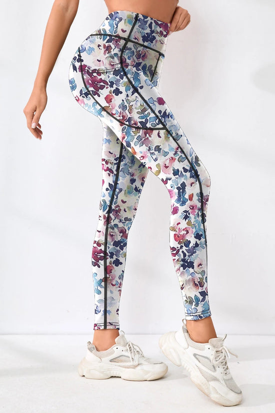 Printed women's high waistband pocket fitness pants paired with tight abdominal yoga pants, suitable for running, hiking, and sp 