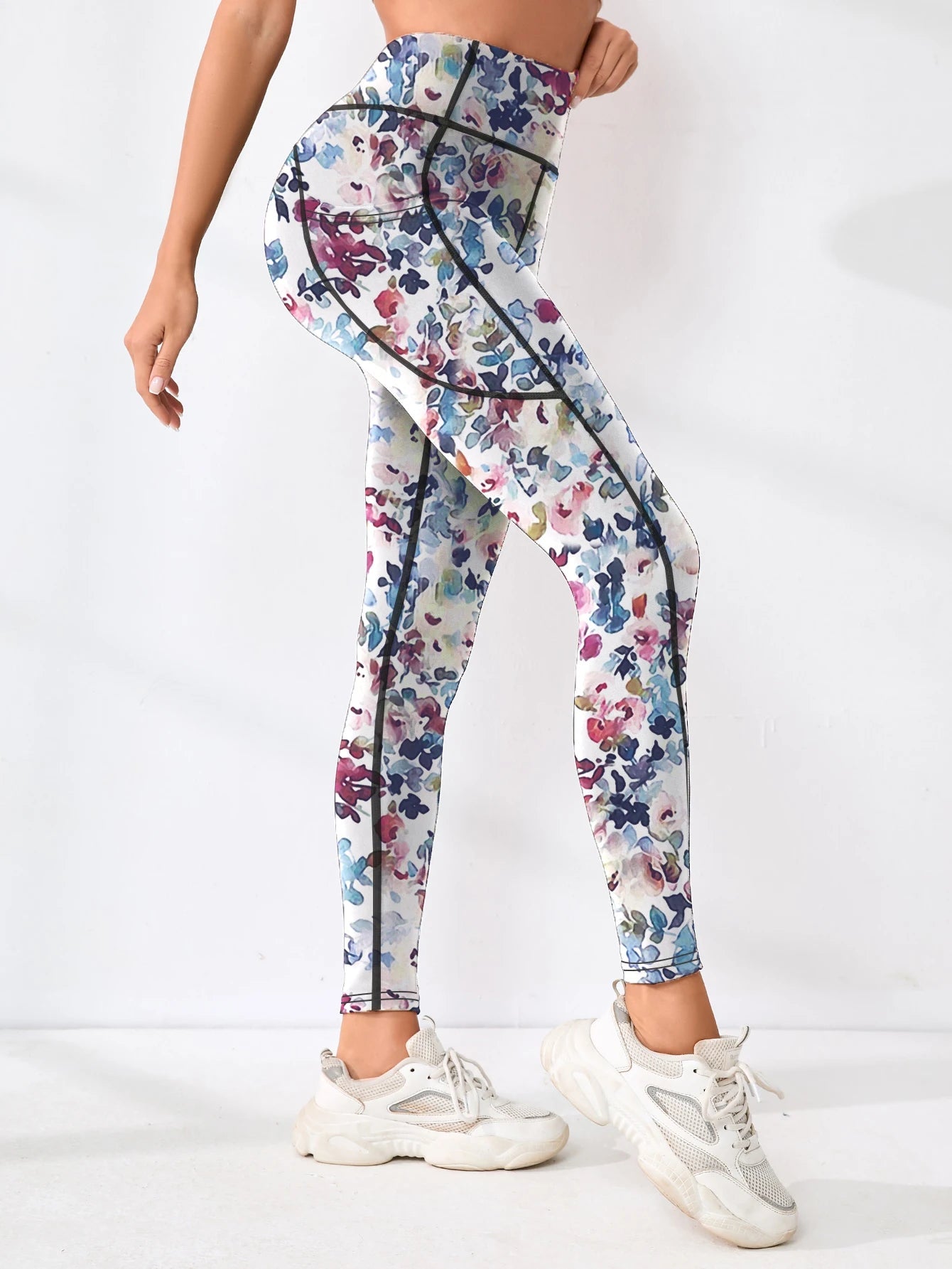 Printed women's high waistband pocket fitness pants paired with tight abdominal yoga pants, suitable for running, hiking, and sp 