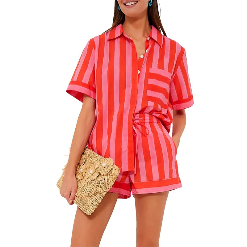 Lamuusaa 2 Piece Set Women Summer Clothes Striped Lapel Collar Single Breasted Shirt Tops and Shorts 2000s Clothing Streetwear FitiqueFit