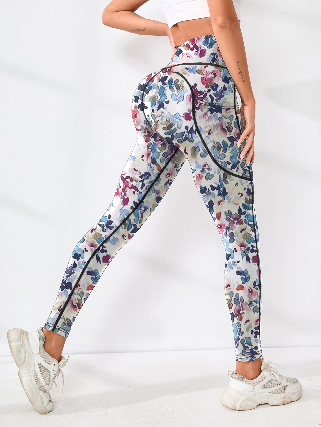 Printed women's high waistband pocket fitness pants paired with tight abdominal yoga pants, suitable for running, hiking, and sp 