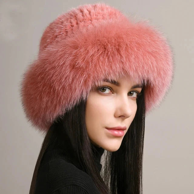 New Genuine Real Natural Knitted Mink Fur Hat Cap Luxury Women Handmade Knit Fashion Winter Headwear Warm Real Fox Fur Beanies FitiqueFit