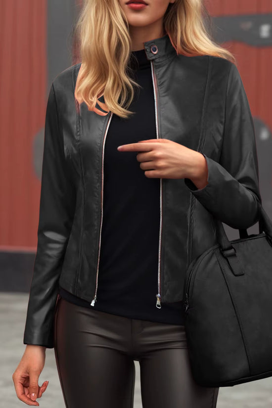 Faux Leather Jacket Women 2025 Autumn Spring Women's Moto Biker Jacket Stand Collar Zipper Solid Pu Slim Fit Street Leather Coat FitiqueFit