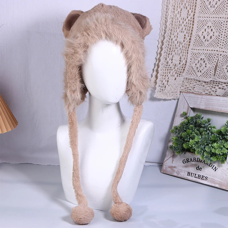 Cute Furry Fox Fur Bear Ear Hat Looks Small Two-piece Hood Scarf Set Autumn And Winter Cycling Warm And Versatile Ear Protection 