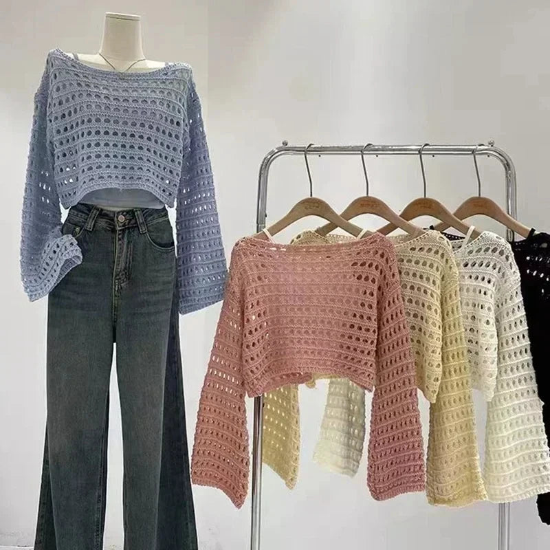 2024 Long Sleeve Crochet Knit Top Summer Beach Bikini Cover Up Crop Pullover Wool Knitwear Blouse Women Vacation Boho Outfit FitiqueFit