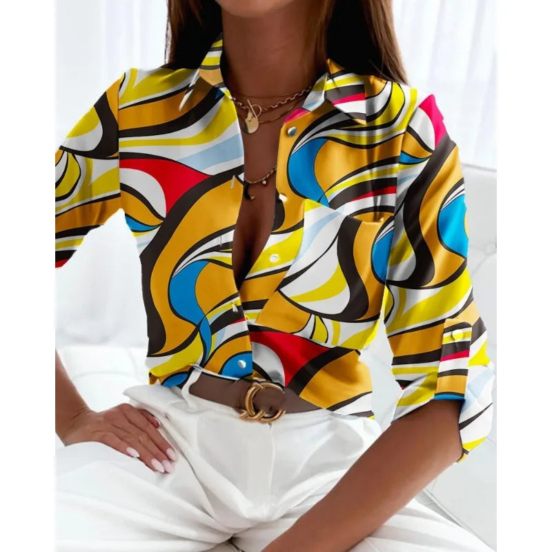 Spring/Summer Women's Commuter Long Sleeved Shirt Fashion Printed Lapel Holiday Casual Shirt Elegant Women's Shirt 