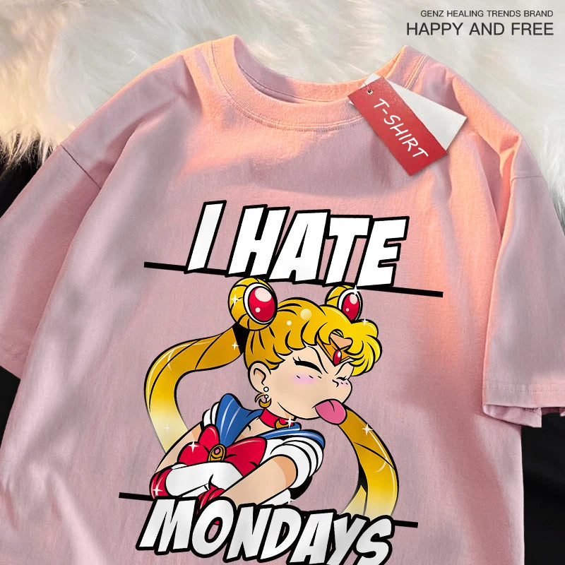 Sailor Moon'S Tongue Sticking Out Is Funny T Shirts Women Shoulder Drop Leisure T Shirt Cotton T-Shirts Youth Holiday Tops FitiqueFit
