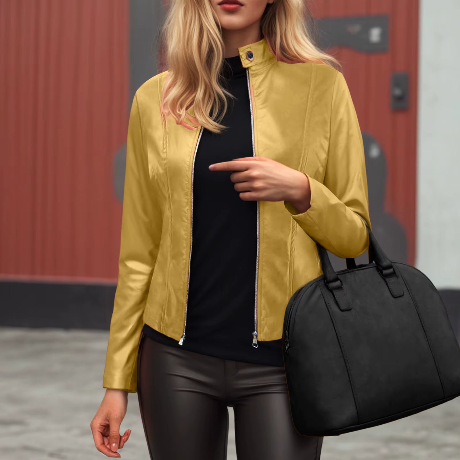 Faux Leather Jacket Women 2025 Autumn Spring Women's Moto Biker Jacket Stand Collar Zipper Solid Pu Slim Fit Street Leather Coat FitiqueFit