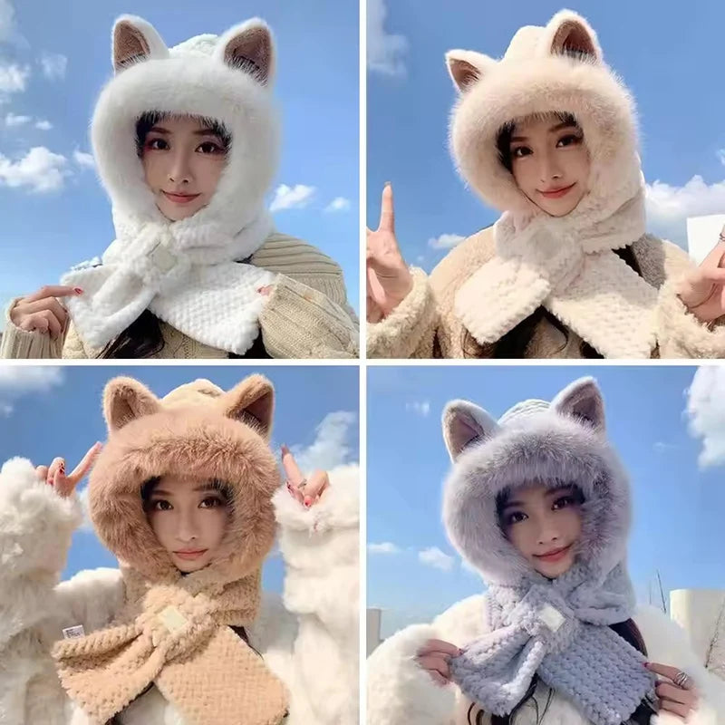 Korean Knitted Cute Fox Ear Design Integrated Bean Hat Women's Scarf Hat Warm Thick Ear Protection Photography Travel Party Gift 
