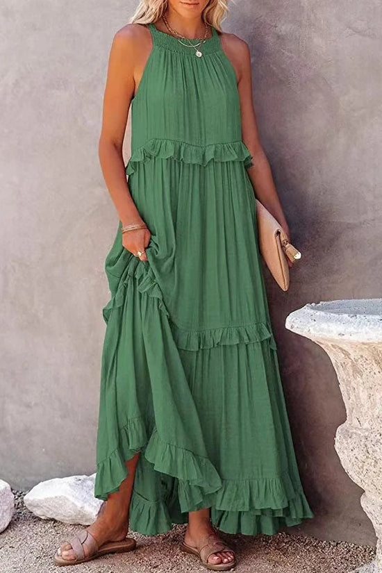 Elegant Women's Apricot Ruffle Edge Long Mop Floor Dresses Summer Fashion Hanging Neck Sleeveless Lace Cake Dress vestiods S-3XL FitiqueFit