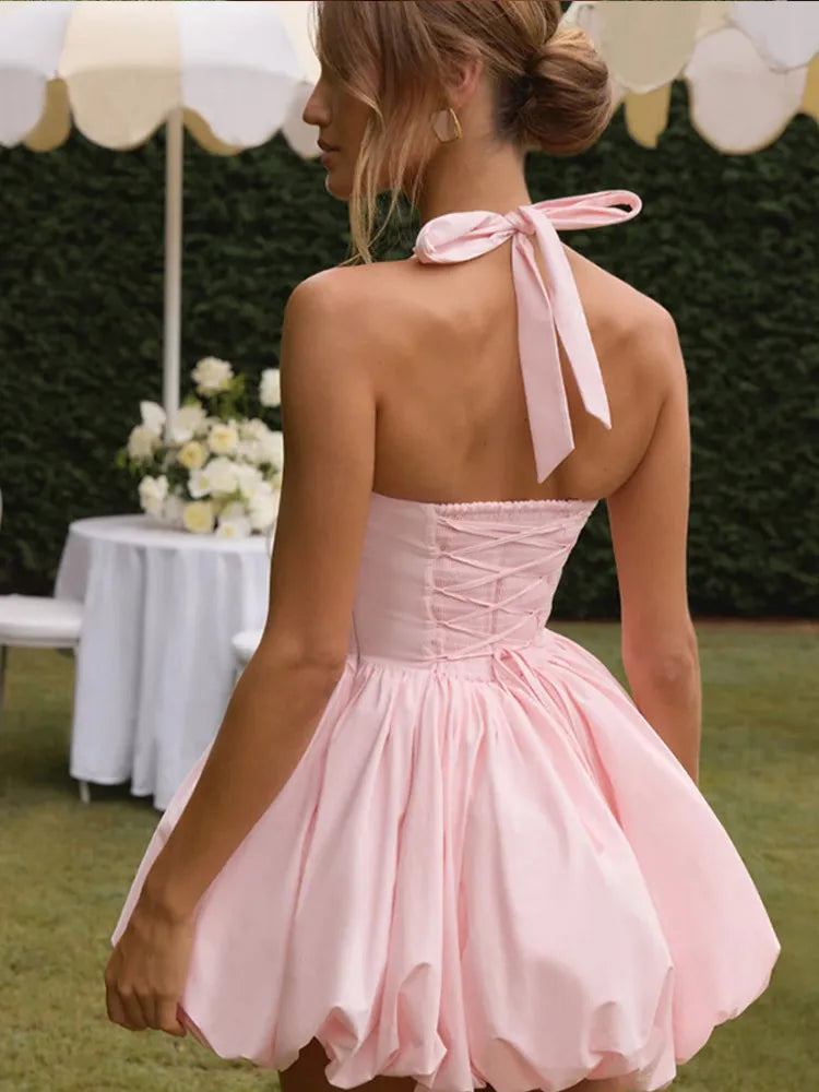 Women’s Pink Corset Puffball-Hem Mini Dress FitiqueFit