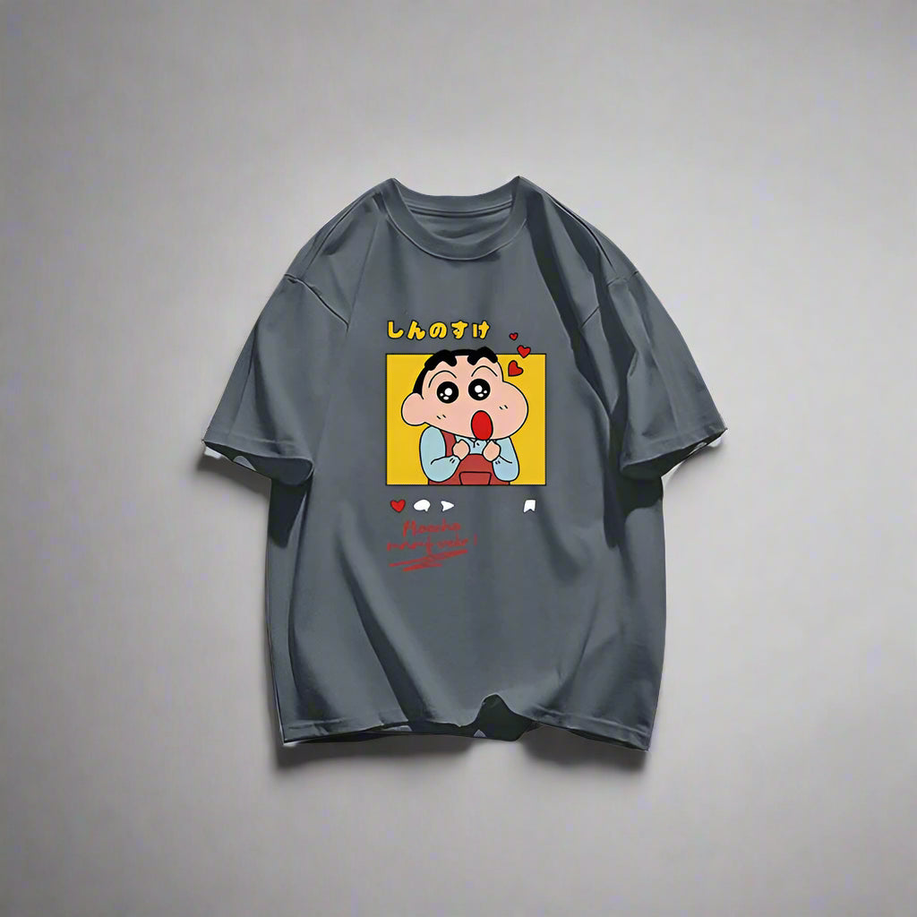Crayo.n Shin Chan Sees His Beloved Woman Tee Clothing Cotton Fitting T Shirt Anime Shoulder Drop T-Shirt Outdoor Pleasure Tops FitiqueFit