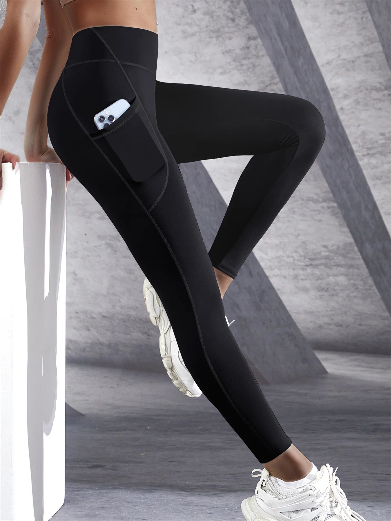 New High Waist Women's Leggings Stretch Yoga Pants Tights With Pockets Push Up Fitness Running Sportswear Solid Color Pants 