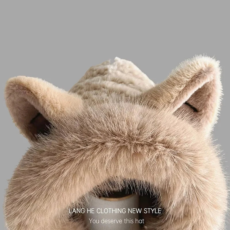 Korean Knitted Cute Fox Ear Design Integrated Bean Hat Women's Scarf Hat Warm Thick Ear Protection Photography Travel Party Gift 