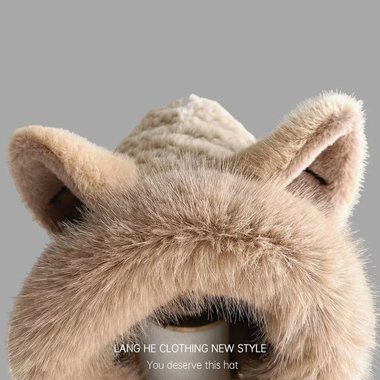 Korean Knitted Cute Fox Ear Design Integrated Bean Hat Women's Scarf Hat Warm Thick Ear Protection Photography Travel Party Gift 
