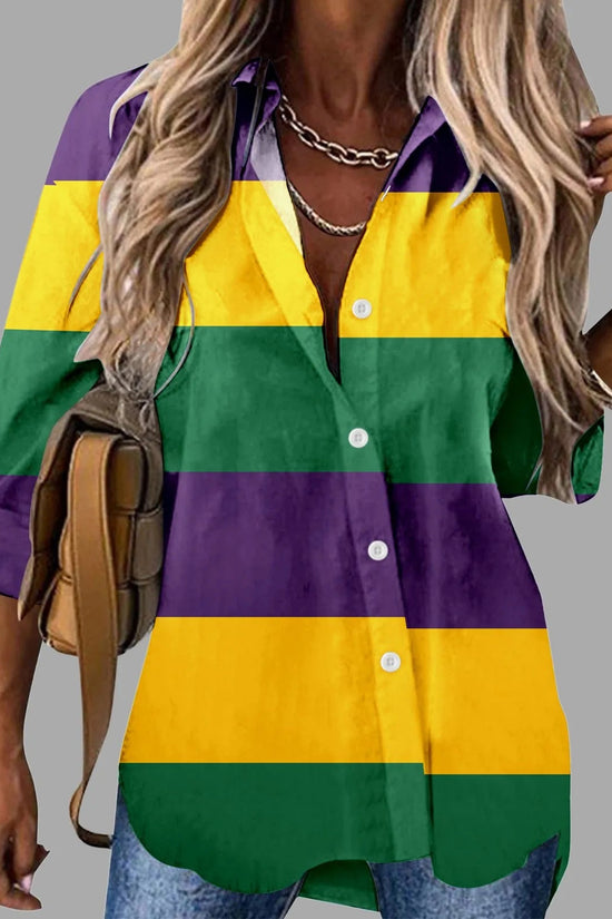 🎭 Mardi Gras Women's V-Neck Long Sleeve Carnival Print Shirt FitiqueFit