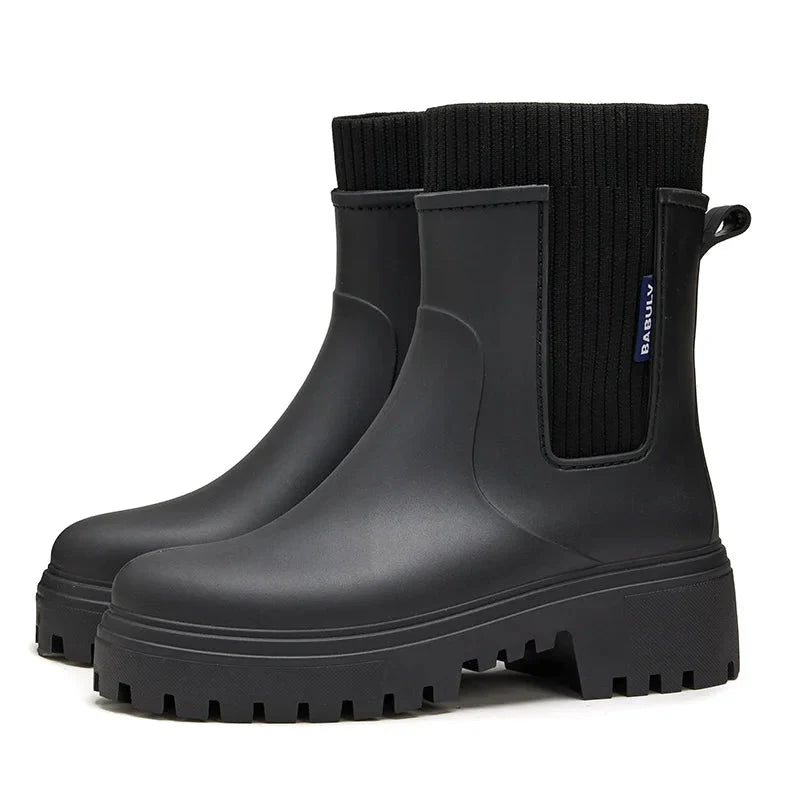 Rain boots women's four seasons fashion outdoor mid-tube waterproof non-slip rubber shoes fashion rain boots with cotton cover 