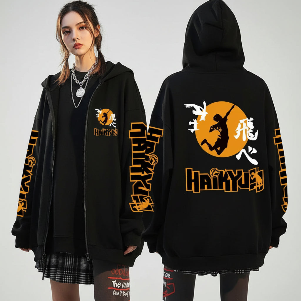 🏐 Haikyuu!! Karasuno High School Zip-Up Hoodie – Unisex Anime Streetwear FitiqueFit