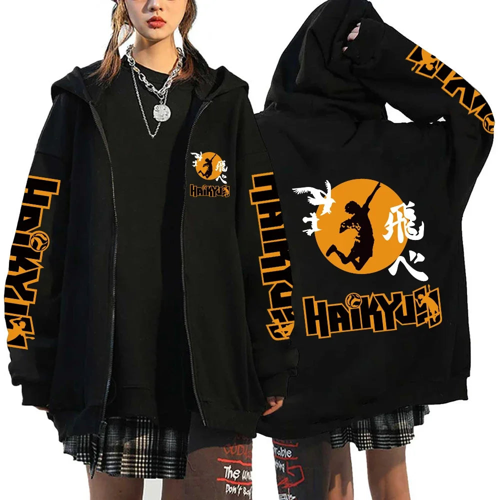 🏐 Haikyuu!! Karasuno High School Zip-Up Hoodie – Unisex Anime Streetwear FitiqueFit