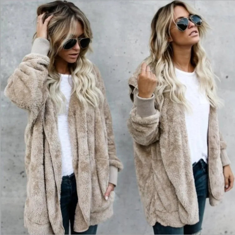 Autumn Winter Double Fleece Cardigan Jacket Women Solid Color Long Sleeve Plush Warm Hooded Lady Jacket Oversized Outerwear Coat 